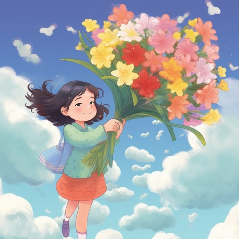 蓝天白云下可爱童真的女孩和鲜花插画,插画/手绘图,插画/手绘图库,插画/手绘图下载,插画/手绘